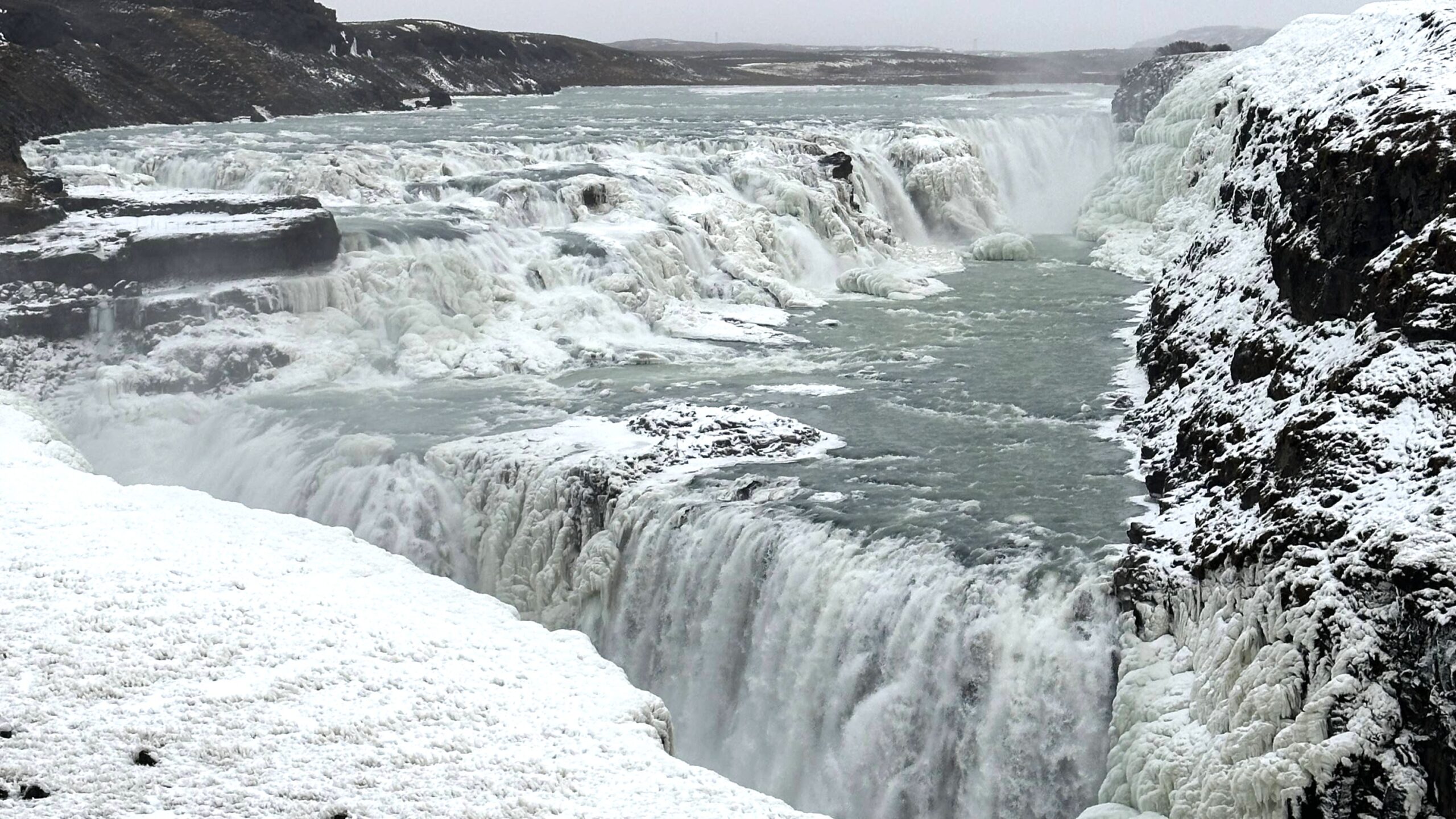 Gulfoss Waterfall in Iceland covered in snow
